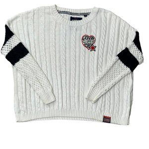 Superdry Sweater White And Black Cotton Cable Knit Pullover Size XL